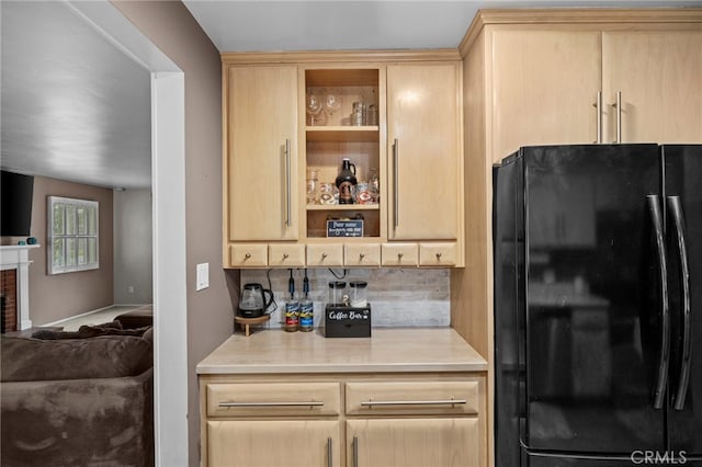 3520 Rosewood Pl, Riverside, CA 92506 - kitchen featuring freestanding refrigerator, open shelves, and light brown cabinets