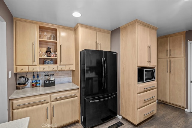 3520 Rosewood Pl, Riverside, CA 92506 - kitchen featuring freestanding refrigerator, decorative backsplash, light brown cabinets, dark wood-style floors, and light countertops