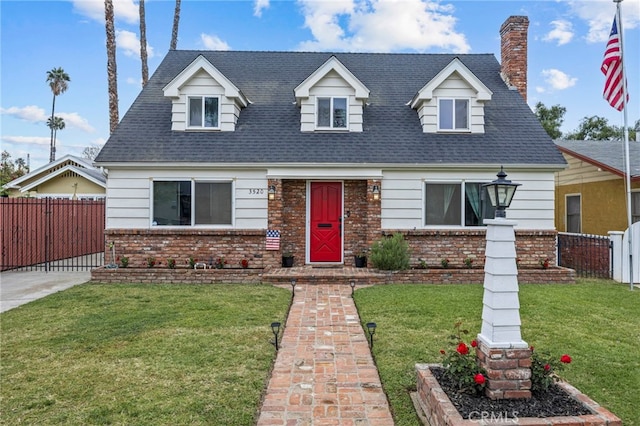 3520 Rosewood Pl, Riverside, CA 92506 - cape cod-style house with fence, a shingled roof, brick siding, a front yard, and a chimney