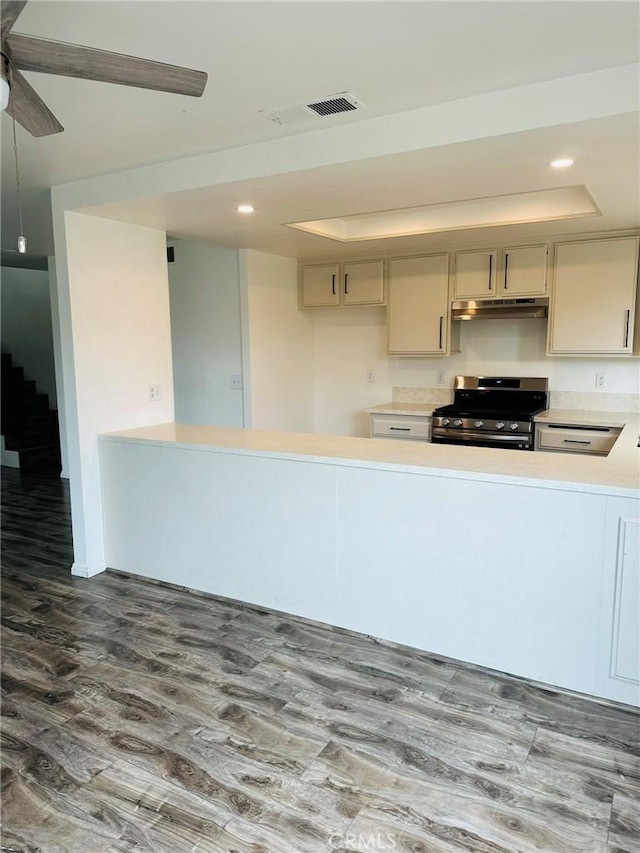 850W 157th Unit 6, Gardena, CA 90247 - kitchen with light countertops, stainless steel range with gas cooktop, a ceiling fan, wood finished floors, and under cabinet range hood