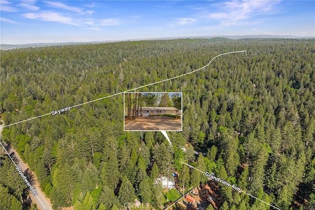 drone / aerial view featuring a forest view