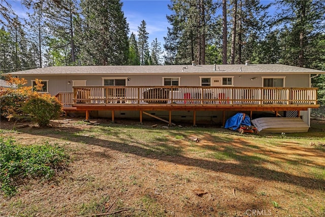 rear view of house with a lawn, a deck, and a shingled roof