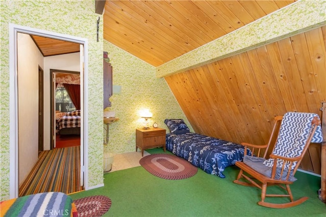 bedroom featuring wallpapered walls, wood ceiling, carpet, and vaulted ceiling
