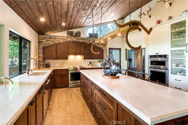 37547 Oak Glen Rd, Oak Glen, CA 92399 - kitchen with wooden ceiling, plenty of natural light, appliances with stainless steel finishes, and a sink