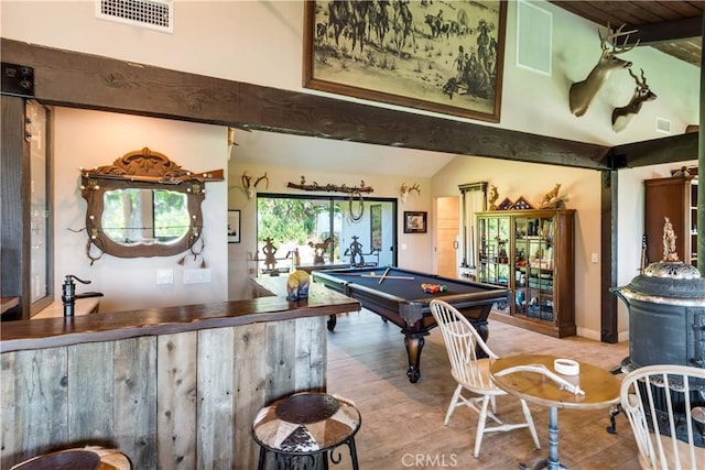 37547 Oak Glen Rd, Oak Glen, CA 92399 - game room featuring visible vents, lofted ceiling with beams, billiards, and wood finished floors