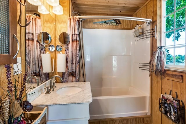 37547 Oak Glen Rd, Oak Glen, CA 92399 - bathroom featuring shower / bath combination with curtain, vanity, and wood ceiling