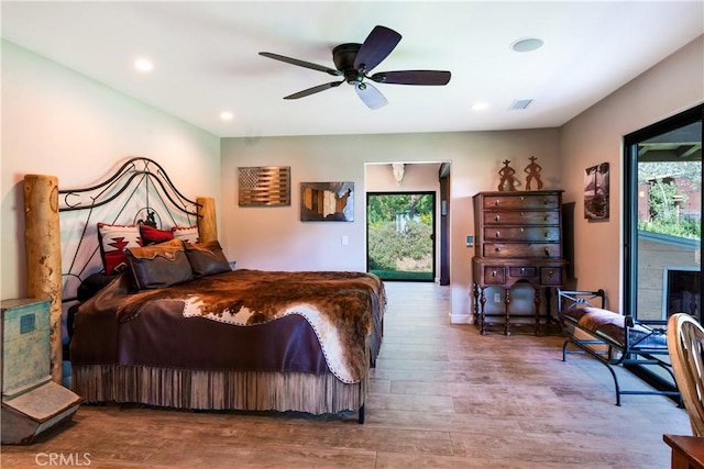 37547 Oak Glen Rd, Oak Glen, CA 92399 - bedroom featuring recessed lighting, access to outside, a ceiling fan, visible vents, and wood finished floors