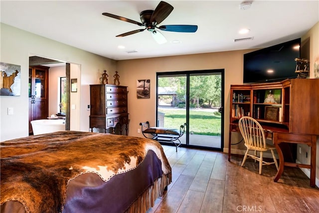 37547 Oak Glen Rd, Oak Glen, CA 92399 - bedroom featuring recessed lighting, access to exterior, ceiling fan, and wood finished floors