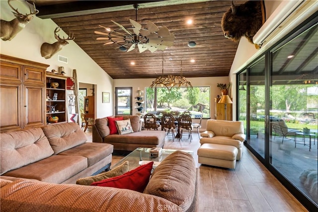 37547 Oak Glen Rd, Oak Glen, CA 92399 - living area with wood ceiling, visible vents, light wood-type flooring, and high vaulted ceiling