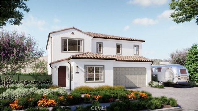 mediterranean / spanish-style home with a tile roof, a garage, driveway, stucco siding, and fence