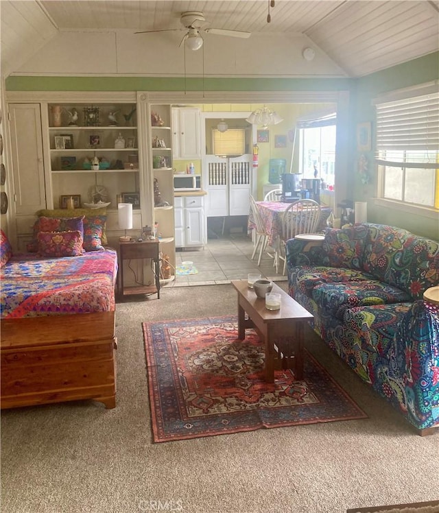 320 Metropole Ave Unit C, Avalon, CA 90704 - living room featuring lofted ceiling, carpet flooring, a ceiling fan, and wood ceiling