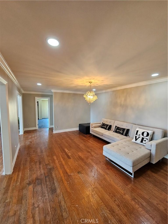 living area with a chandelier, recessed lighting, dark wood-style flooring, and baseboards