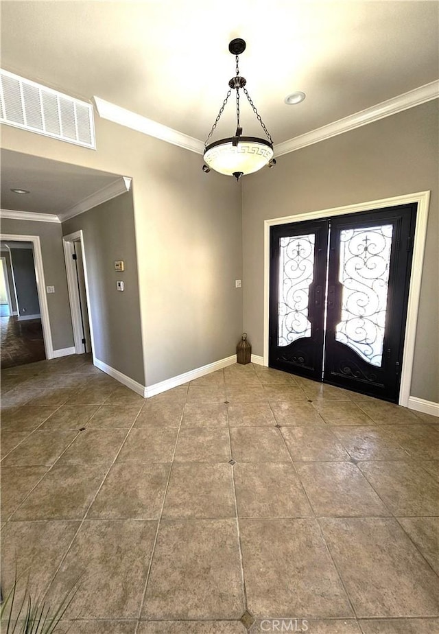 tiled entrance foyer with crown molding, visible vents, baseboards, recessed lighting, and french doors