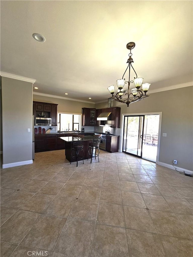 kitchen featuring appliances with stainless steel finishes, a healthy amount of sunlight, dark brown cabinets, and a notable chandelier