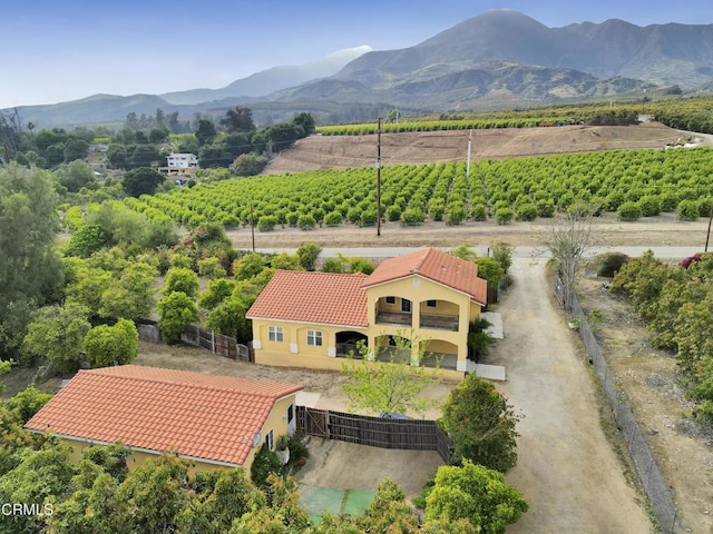 birds eye view of property with a mountain view and a rural view