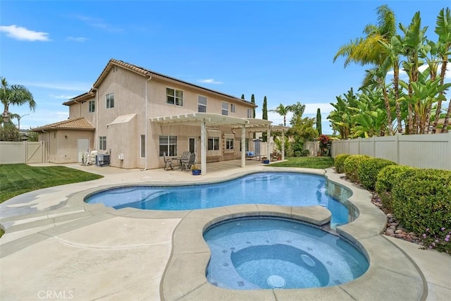 view of swimming pool featuring a pergola, a patio area, a fenced in pool, a fenced backyard, and an in ground hot tub