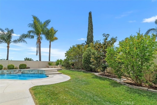 view of swimming pool with a fenced backyard, a fenced in pool, and a lawn
