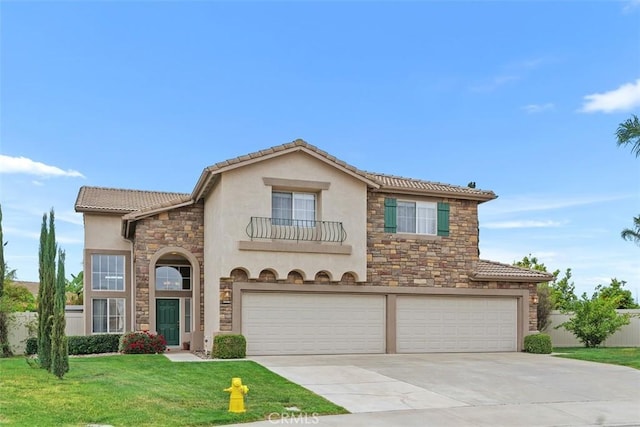 traditional-style home with stucco siding, a tile roof, stone siding, a balcony, and concrete driveway