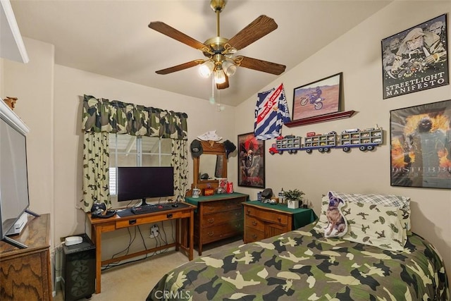 bedroom featuring carpet flooring and ceiling fan