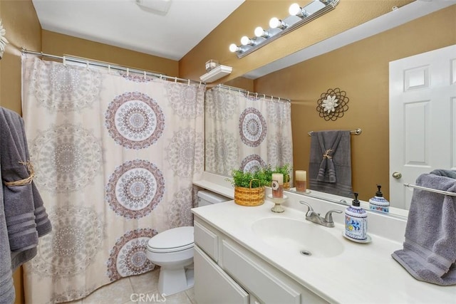 bathroom featuring tile patterned floors, vanity, toilet, and a shower with curtain