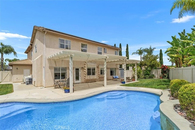 view of pool with a fenced backyard, a gate, a pergola, and a fenced in pool