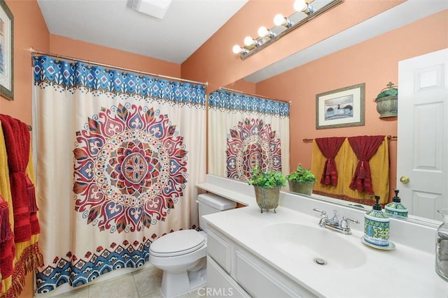 full bath featuring a shower with curtain, visible vents, toilet, tile patterned floors, and vanity