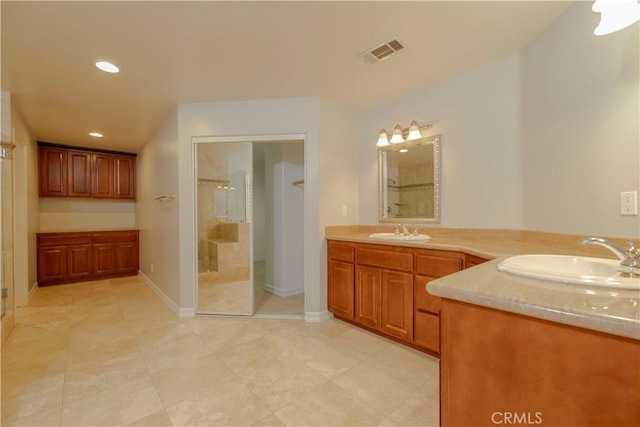 29515 Longhorn Dr, Canyon Lake, CA 92587 - full bath featuring a shower stall, vanity, recessed lighting, tile patterned floors, and baseboards