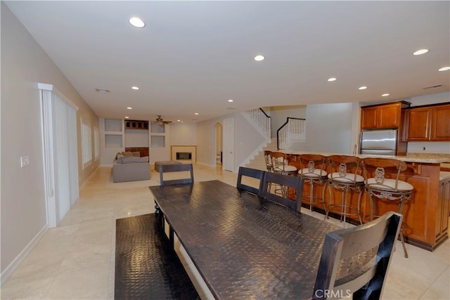 29515 Longhorn Dr, Canyon Lake, CA 92587 - dining room featuring stairway, recessed lighting, baseboards, light tile patterned flooring, and ceiling fan