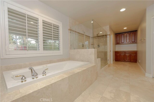 29515 Longhorn Dr, Canyon Lake, CA 92587 - bathroom with a bath, a stall shower, tile patterned floors, and recessed lighting