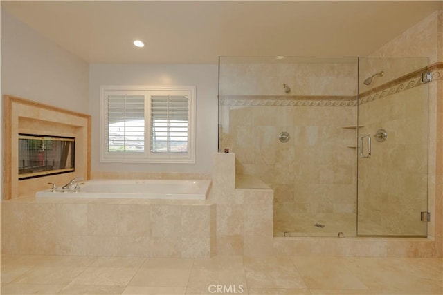 29515 Longhorn Dr, Canyon Lake, CA 92587 - bathroom featuring a garden tub, a stall shower, tile patterned flooring, and recessed lighting