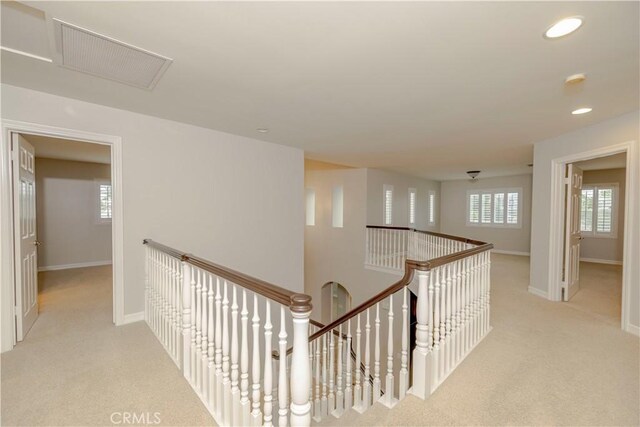 29515 Longhorn Dr, Canyon Lake, CA 92587 - hall with an upstairs landing, light colored carpet, baseboards, and recessed lighting
