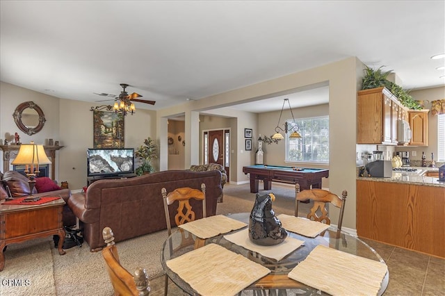 dining area featuring billiards, baseboards, and ceiling fan
