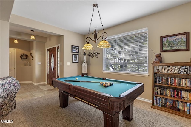 rec room with billiards, carpet, and baseboards