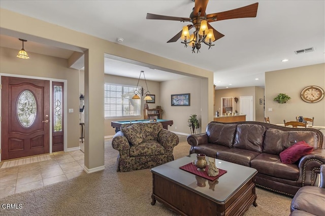 living room with visible vents, recessed lighting, light carpet, billiards, and baseboards