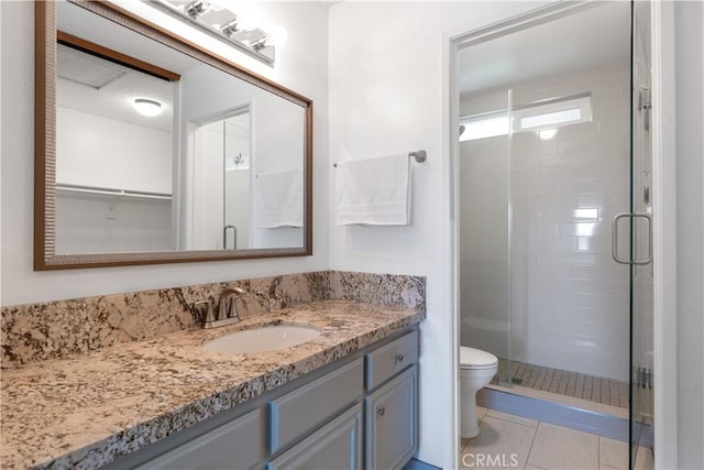 983 Elsa Ct Unit D, Corona, CA 92881 - full bathroom featuring vanity, tile patterned floors, a stall shower, and toilet