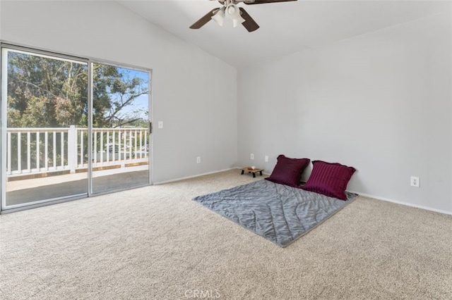 bedroom featuring carpet flooring, access to outside, a ceiling fan, vaulted ceiling, and baseboards