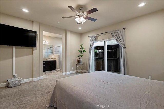 bedroom featuring baseboards, recessed lighting, connected bathroom, and light colored carpet