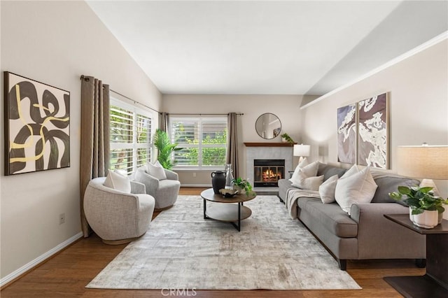 living room with a fireplace, wood finished floors, lofted ceiling, and baseboards