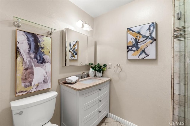 full bath featuring tile patterned floors, walk in shower, toilet, and vanity