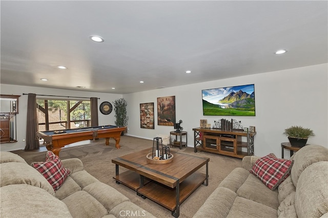 living area featuring carpet, recessed lighting, baseboards, and pool table