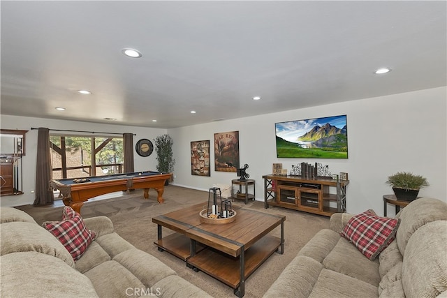 39080 Waterview Dr, Big Bear Lake, CA 92315 - living area featuring light carpet, billiards table, recessed lighting, and baseboards