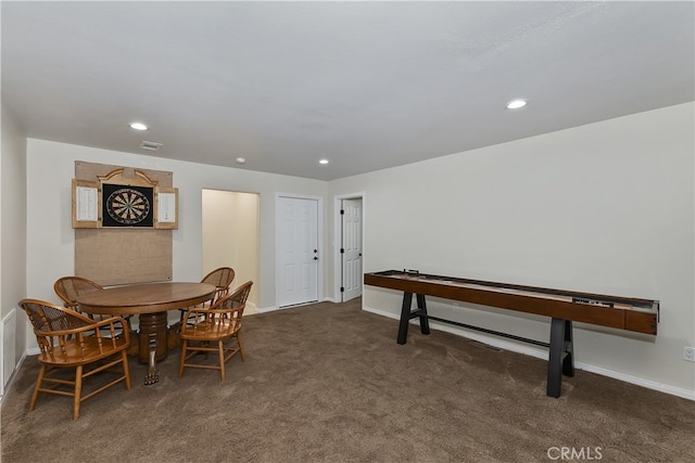 playroom featuring recessed lighting, visible vents, carpet, and baseboards