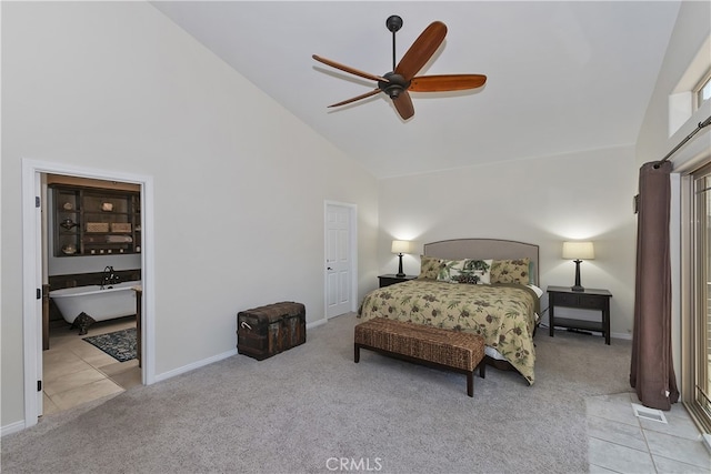 39080 Waterview Dr, Big Bear Lake, CA 92315 - bedroom with light colored carpet, high vaulted ceiling, baseboards, light tile patterned floors, and a ceiling fan