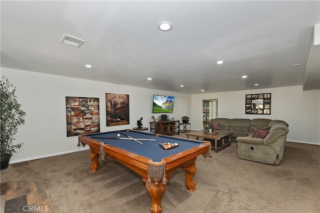 recreation room featuring visible vents, baseboards, carpet floors, recessed lighting, and pool table