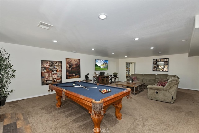 39080 Waterview Dr, Big Bear Lake, CA 92315 - rec room featuring billiards, carpet floors, recessed lighting, and baseboards