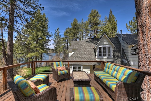 39080 Waterview Dr, Big Bear Lake, CA 92315 - wooden terrace with an outdoor hangout area