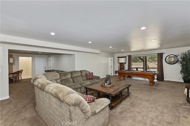 living room with recessed lighting, baseboards, carpet floors, and pool table