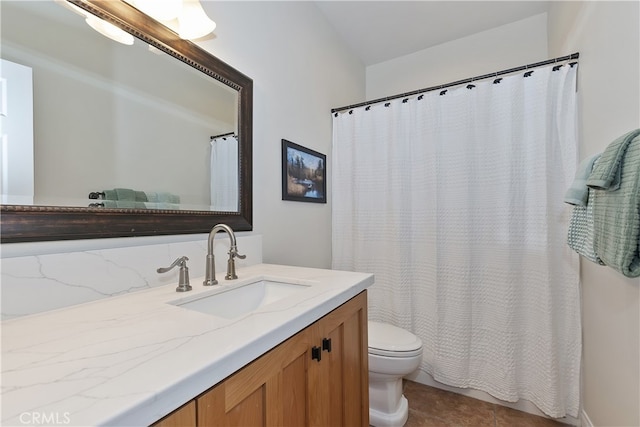 full bath with toilet, vanity, a shower with curtain, and tile patterned floors