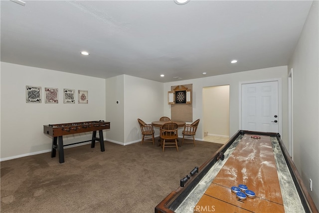 rec room featuring recessed lighting, carpet flooring, and baseboards