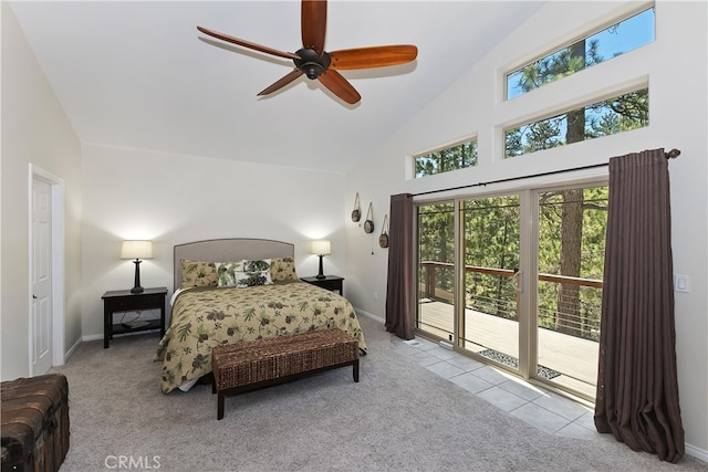bedroom with carpet, high vaulted ceiling, access to exterior, and baseboards
